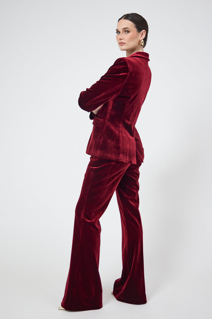 Evara – Burgundy Velvet Blazer & Trouser Suit