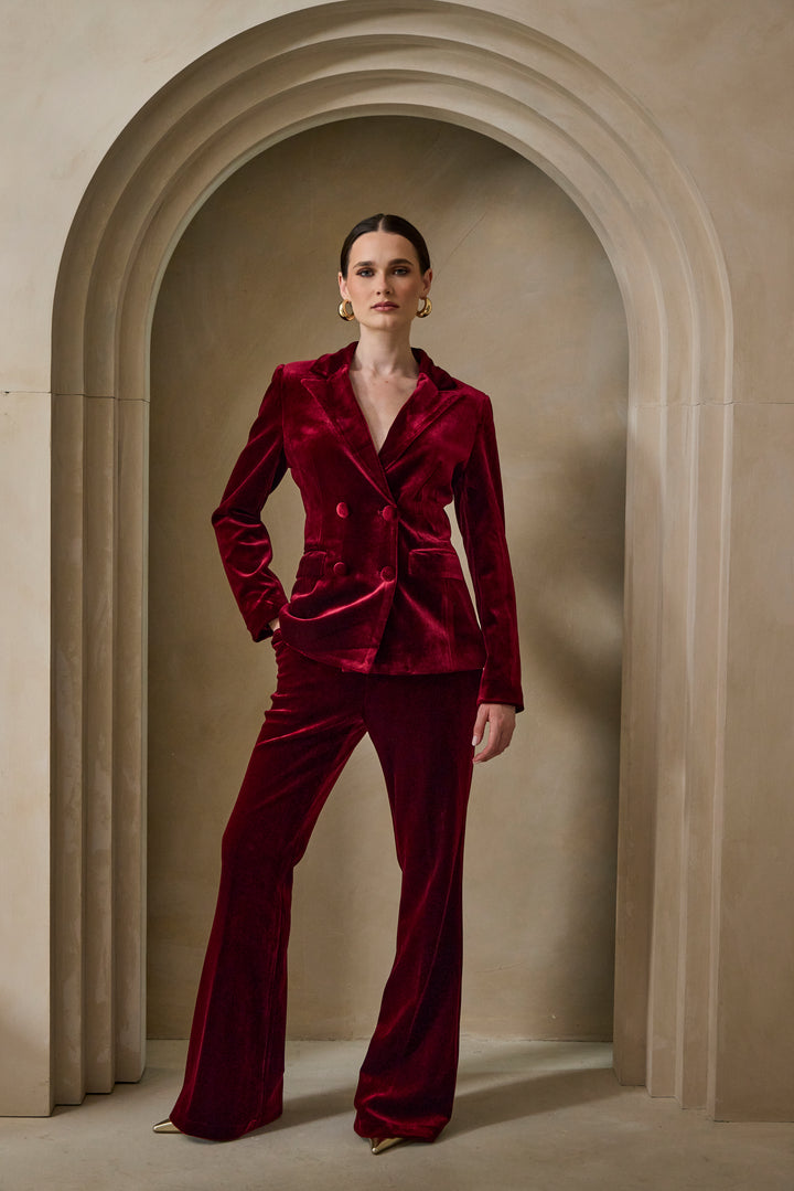 Evara – Burgundy Velvet Blazer & Trouser Suit