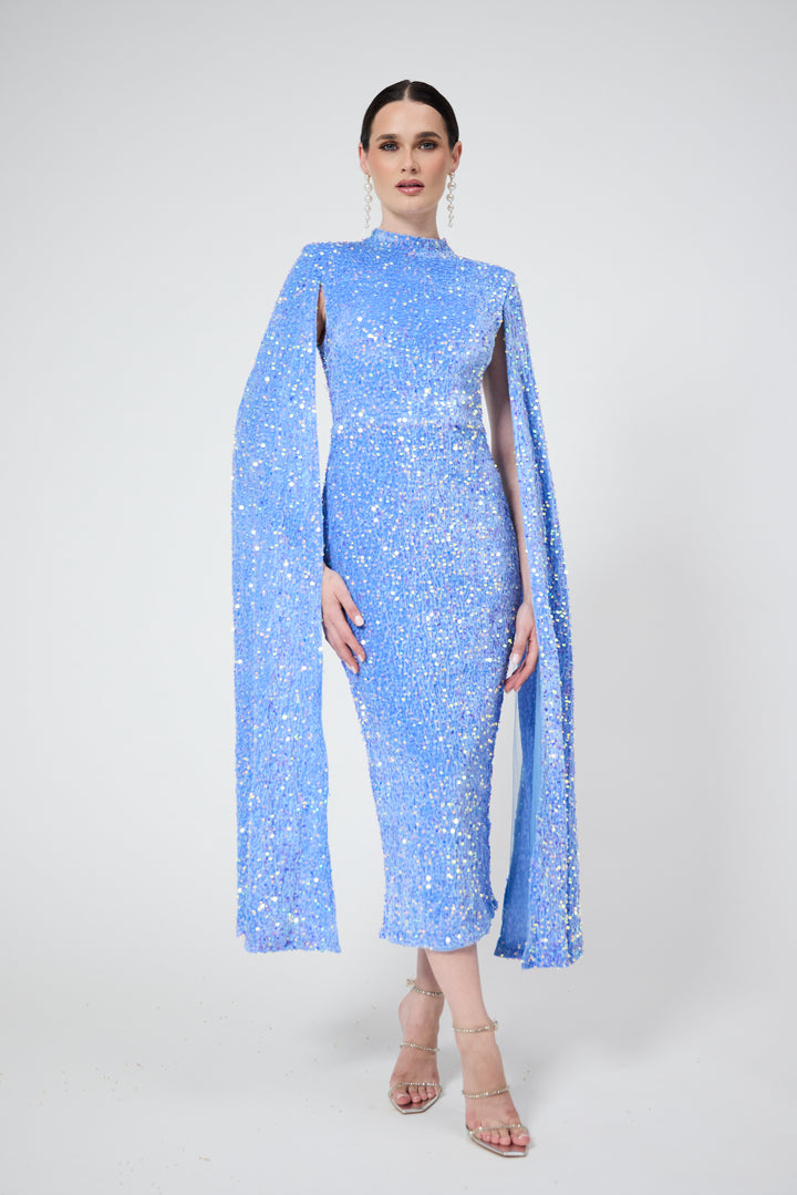 Meraki - Sky Blue Cape Sleeve Sequin Midi Dress