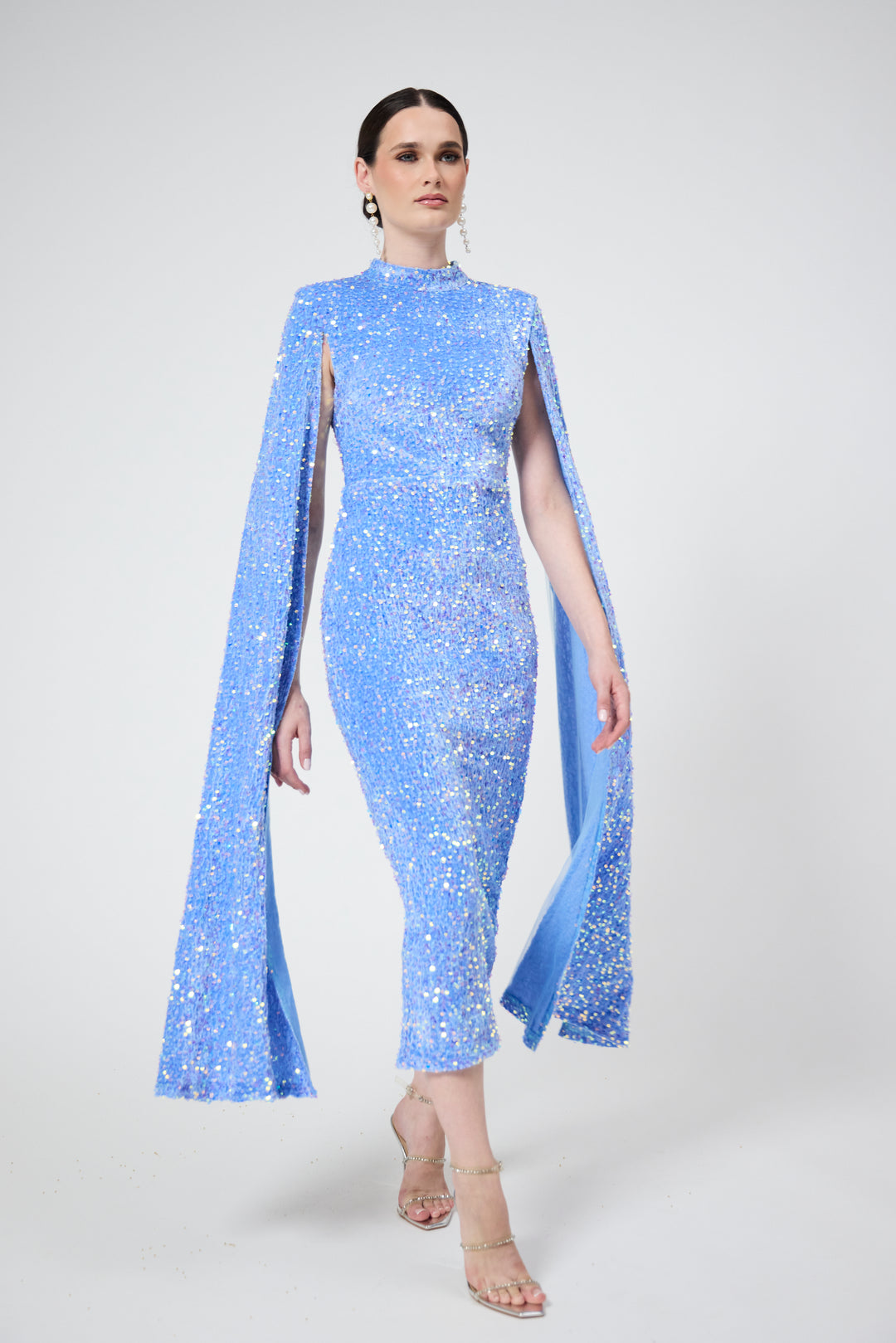 Meraki - Sky Blue Cape Sleeve Sequin Midi Dress