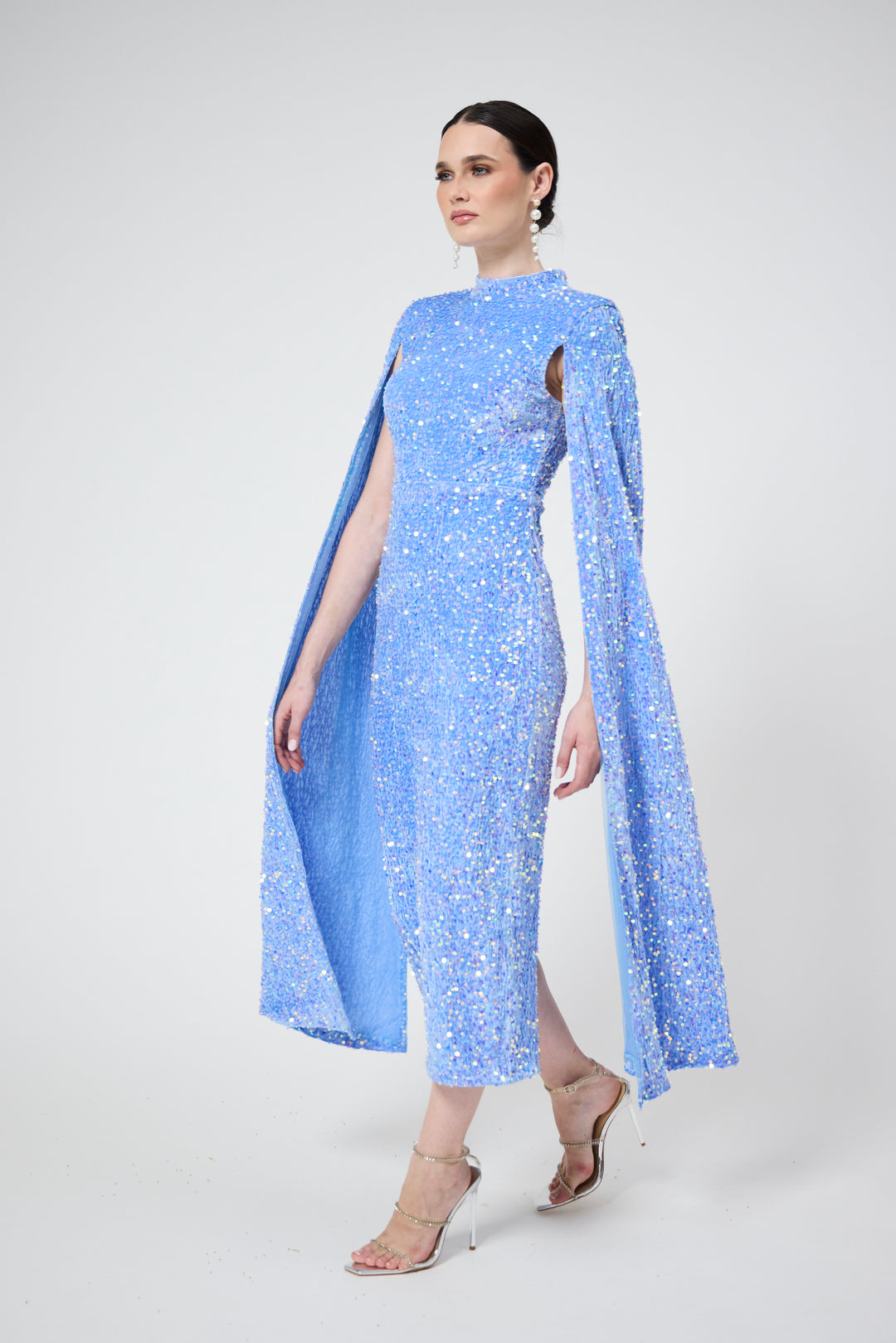 Meraki - Sky Blue Cape Sleeve Sequin Midi Dress