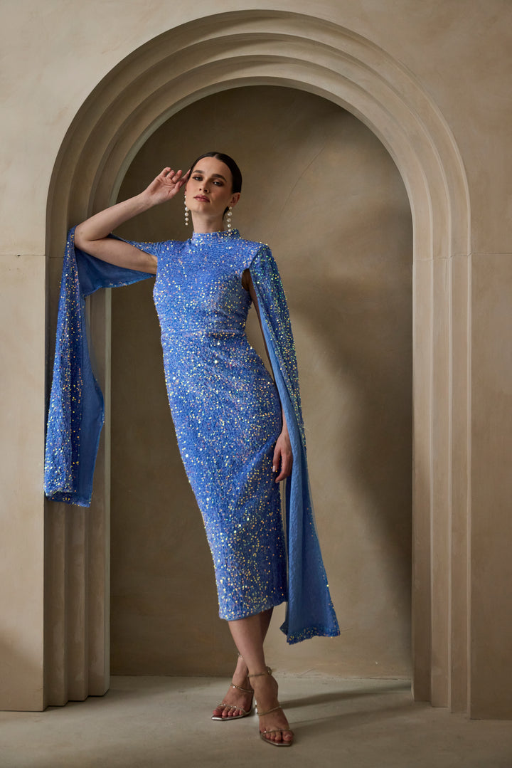 Meraki - Sky Blue Cape Sleeve Sequin Midi Dress