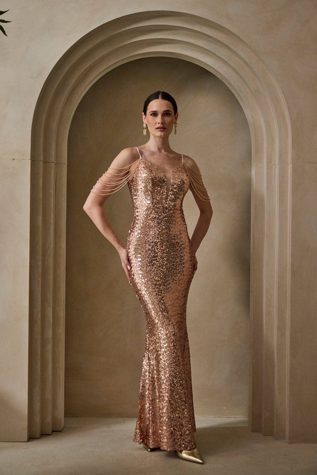 Ora - Gold Sequin Maxi Dress