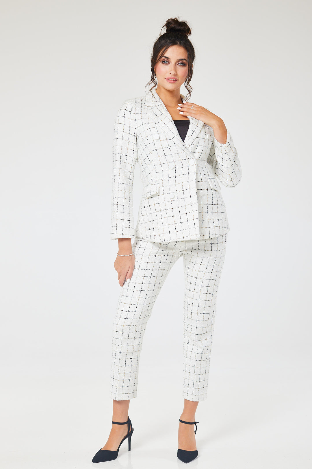 White Checked 2 Piece Tweed Trouser Suit