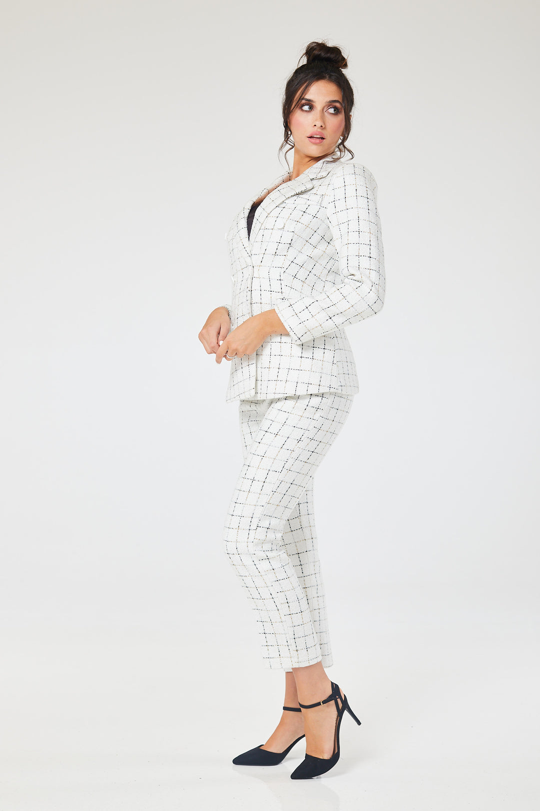 White Checked 2 Piece Tweed Trouser Suit