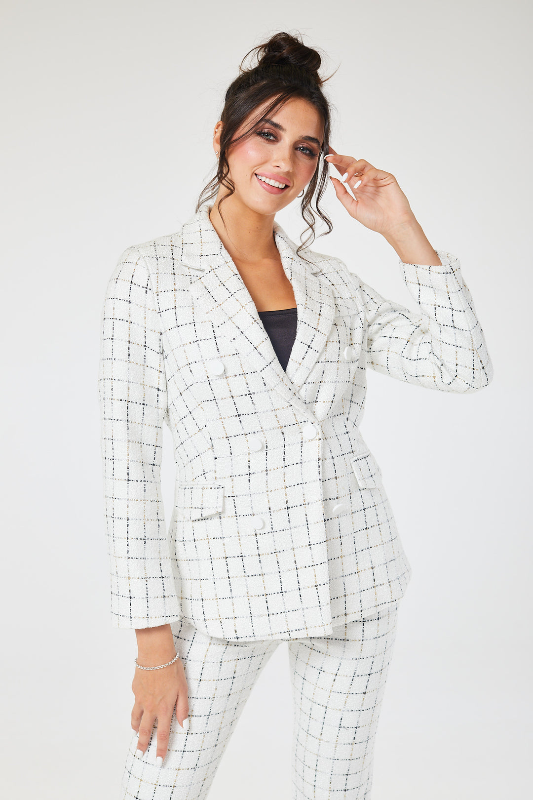 White Checked 2 Piece Tweed Trouser Suit