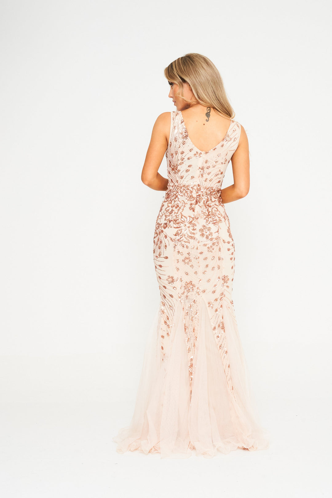 Champagne Floral Mesh Sequin Maxi Dress