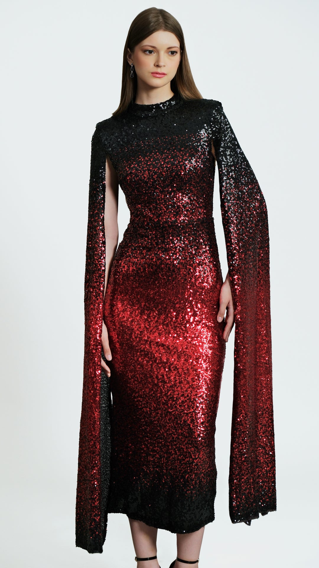 Phoenix - Red Black Cape Sleeve Sequin Midi Dress