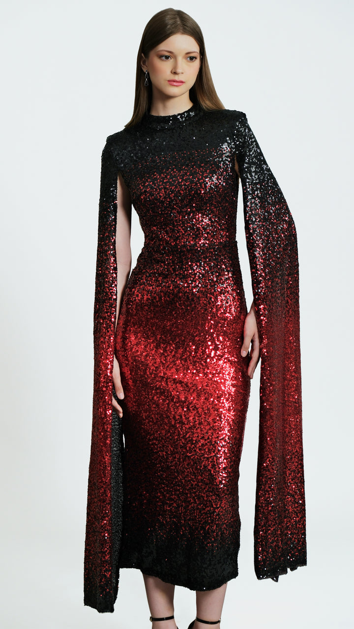 Phoenix - Red Black Cape Sleeve Sequin Midi Dress