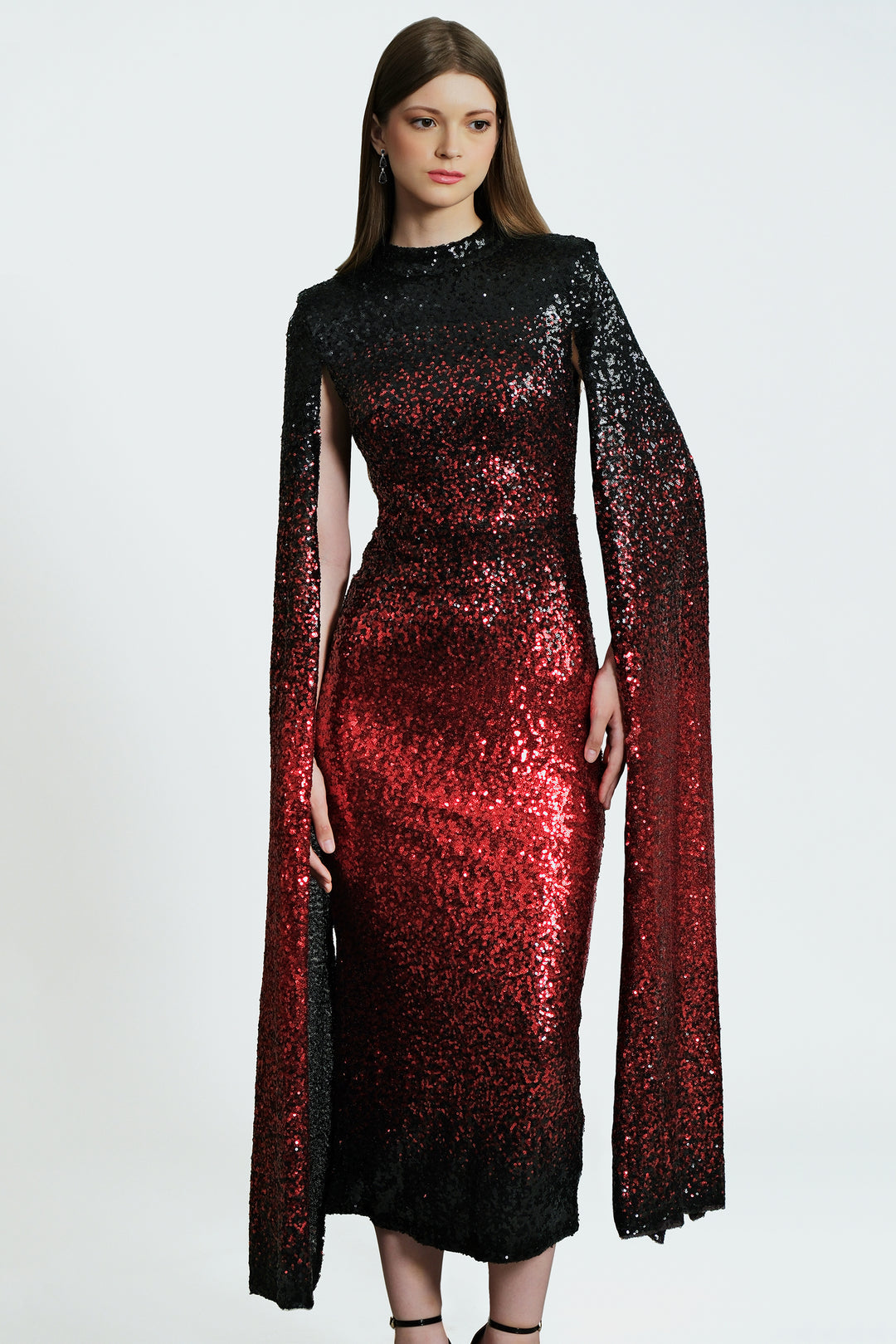 Phoenix - Red Black Cape Sleeve Sequin Midi Dress