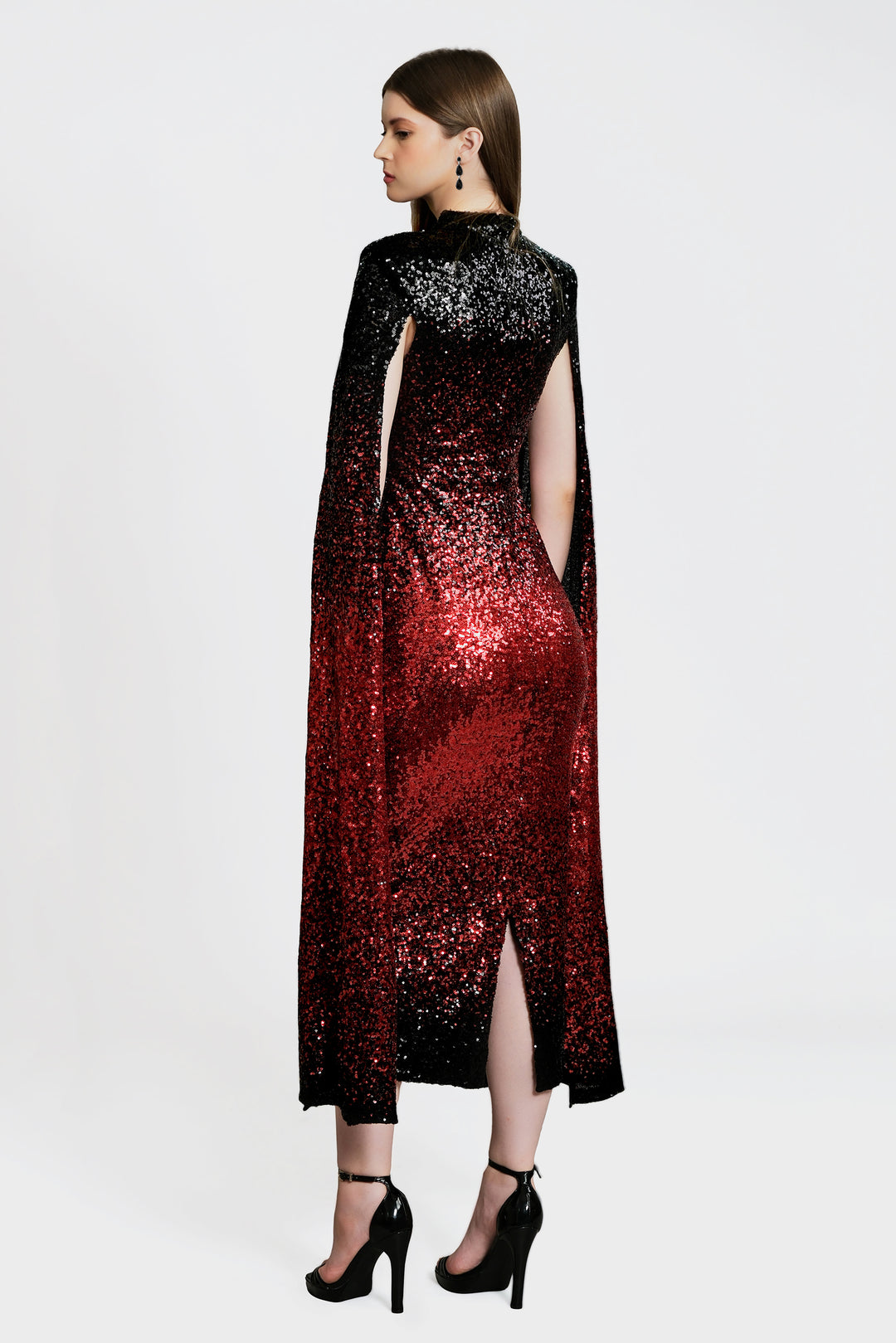Phoenix - Red Black Cape Sleeve Sequin Midi Dress