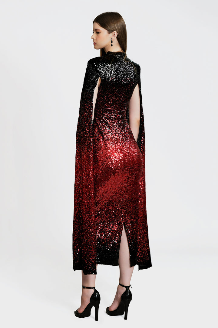 Phoenix - Red Black Cape Sleeve Sequin Midi Dress