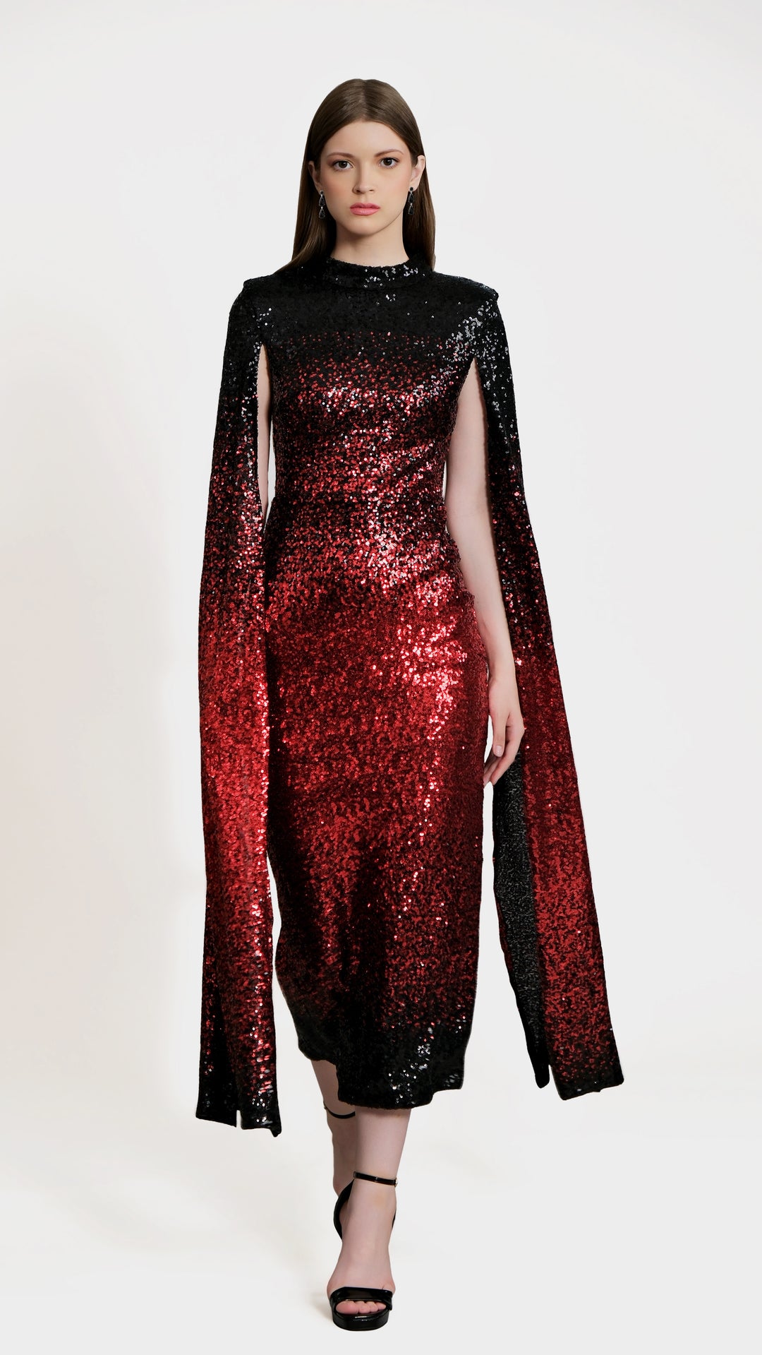 Phoenix - Red Black Cape Sleeve Sequin Midi Dress