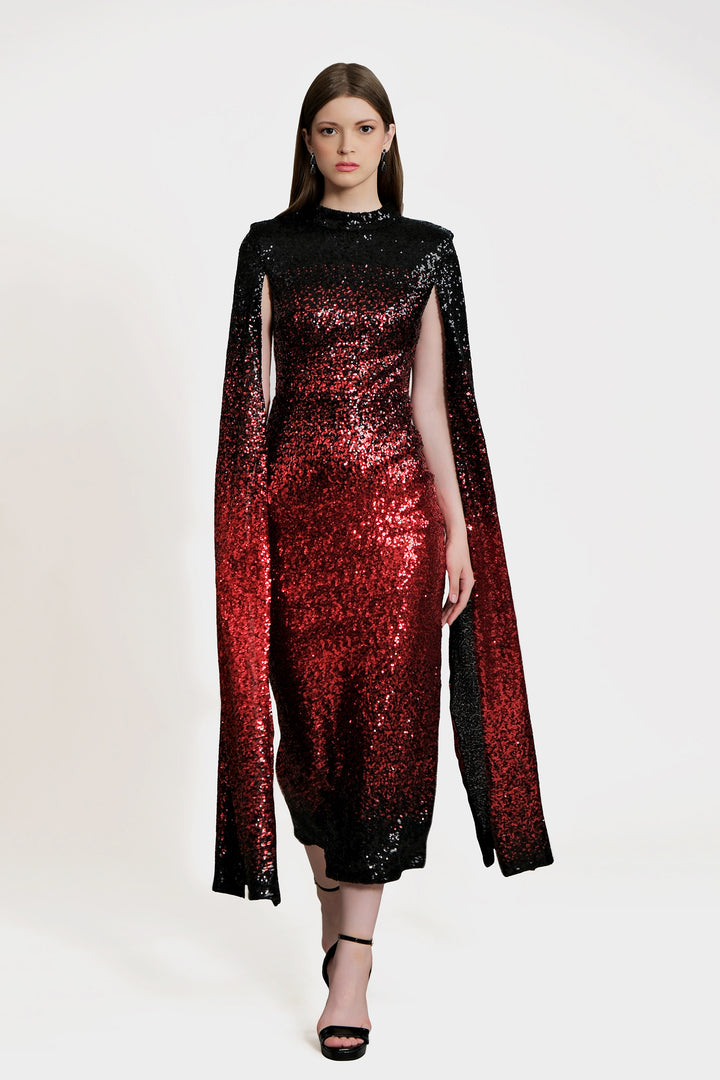 Phoenix - Red Black Cape Sleeve Sequin Midi Dress