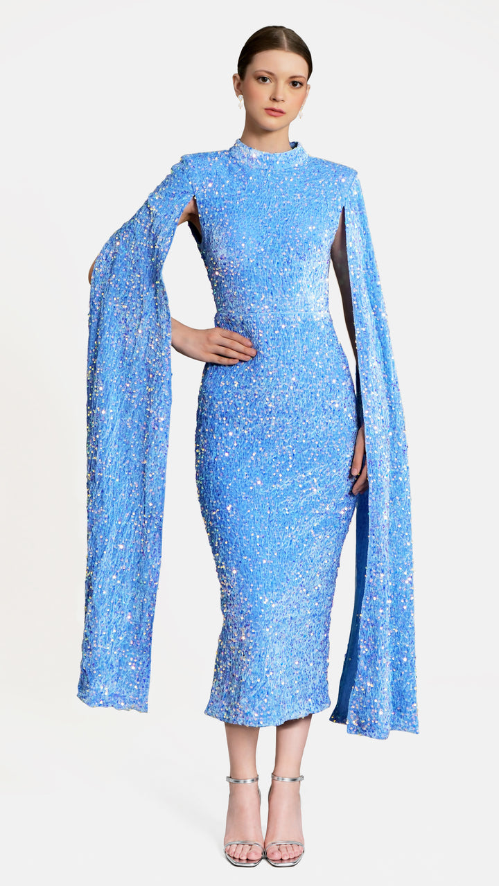 Meraki - Sky Blue Cape Sleeve Sequin Midi Dress