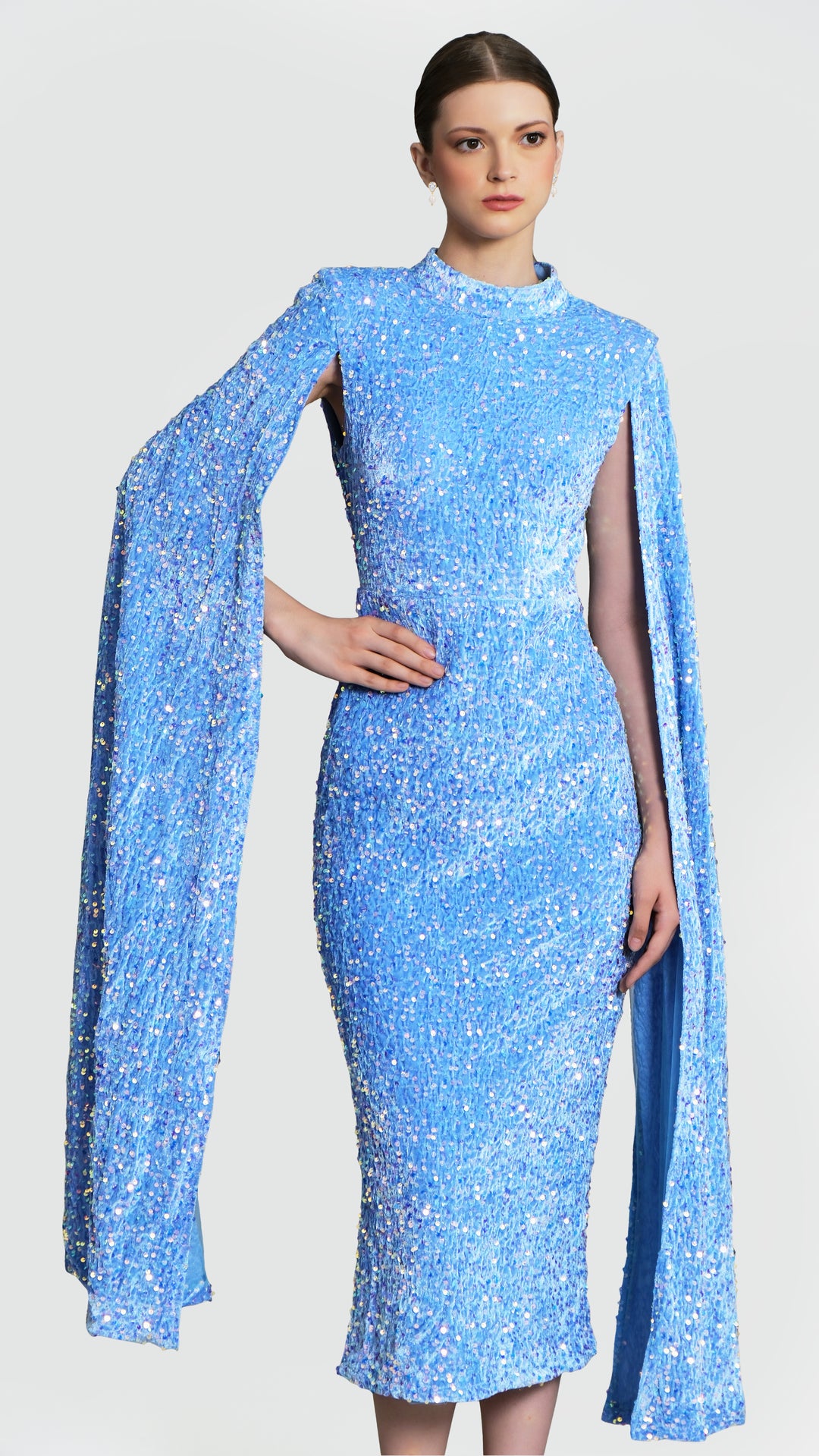 Meraki - Sky Blue Cape Sleeve Sequin Midi Dress