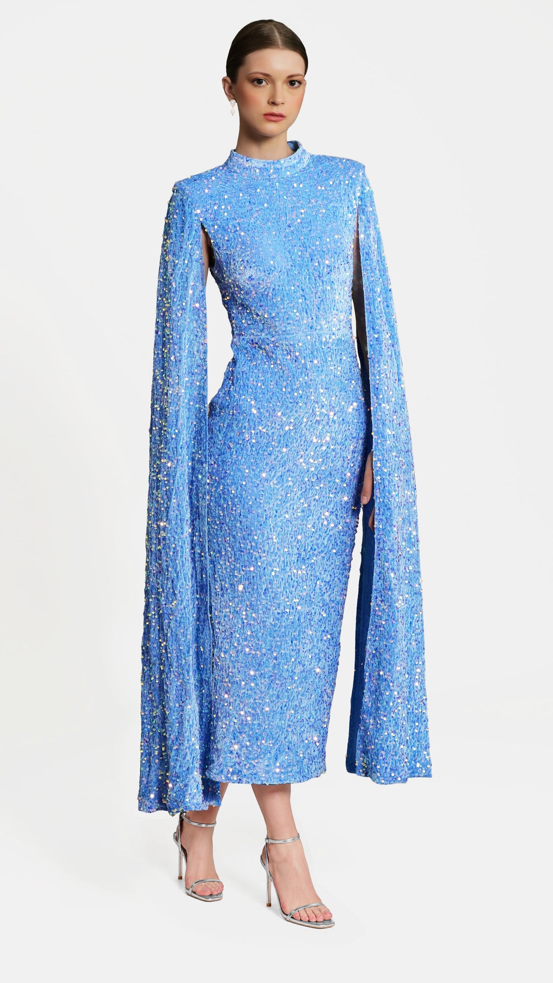 Meraki - Sky Blue Cape Sleeve Sequin Midi Dress