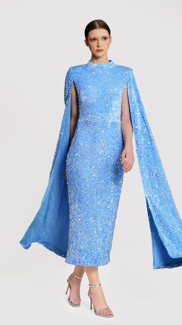 Meraki - Sky Blue Cape Sleeve Sequin Midi Dress