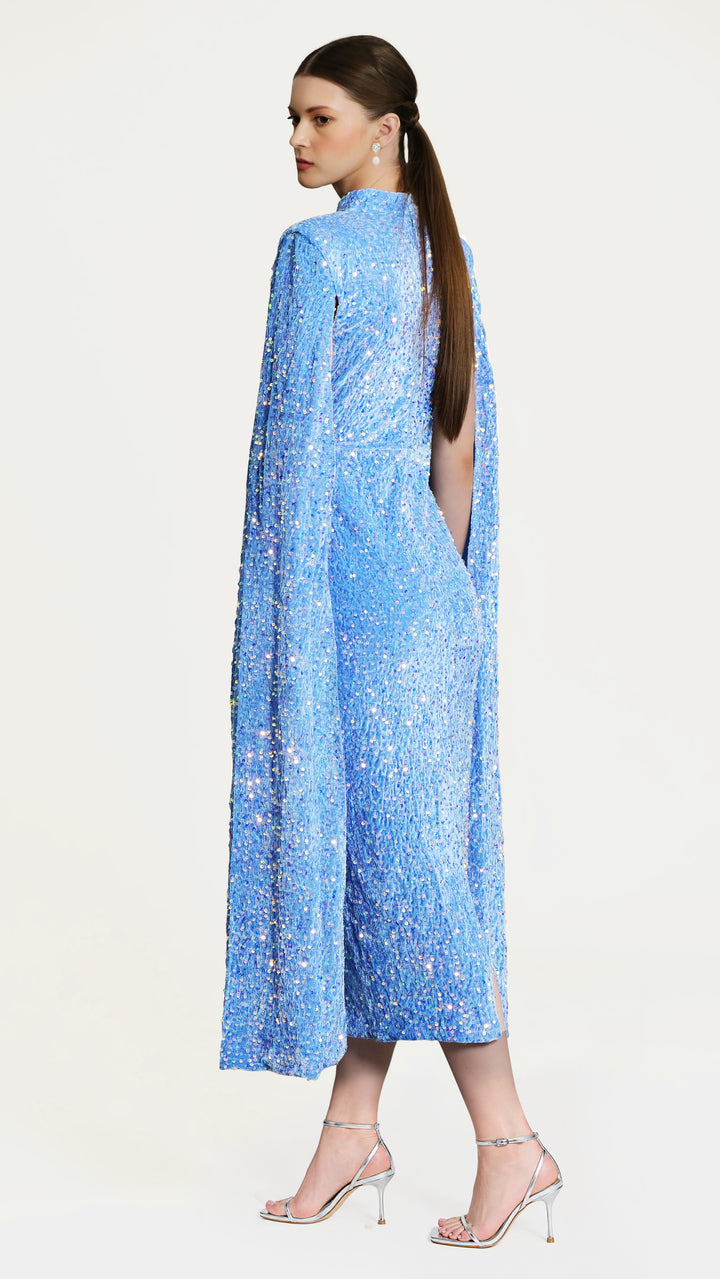Meraki - Sky Blue Cape Sleeve Sequin Midi Dress