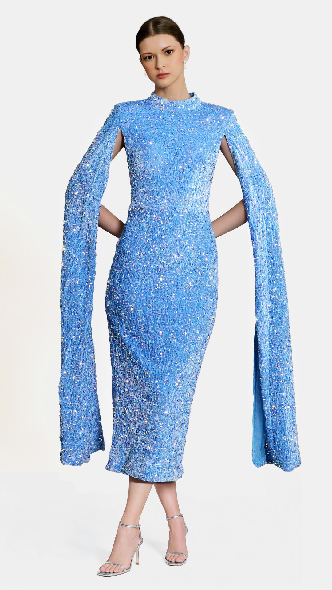Meraki - Sky Blue Cape Sleeve Sequin Midi Dress