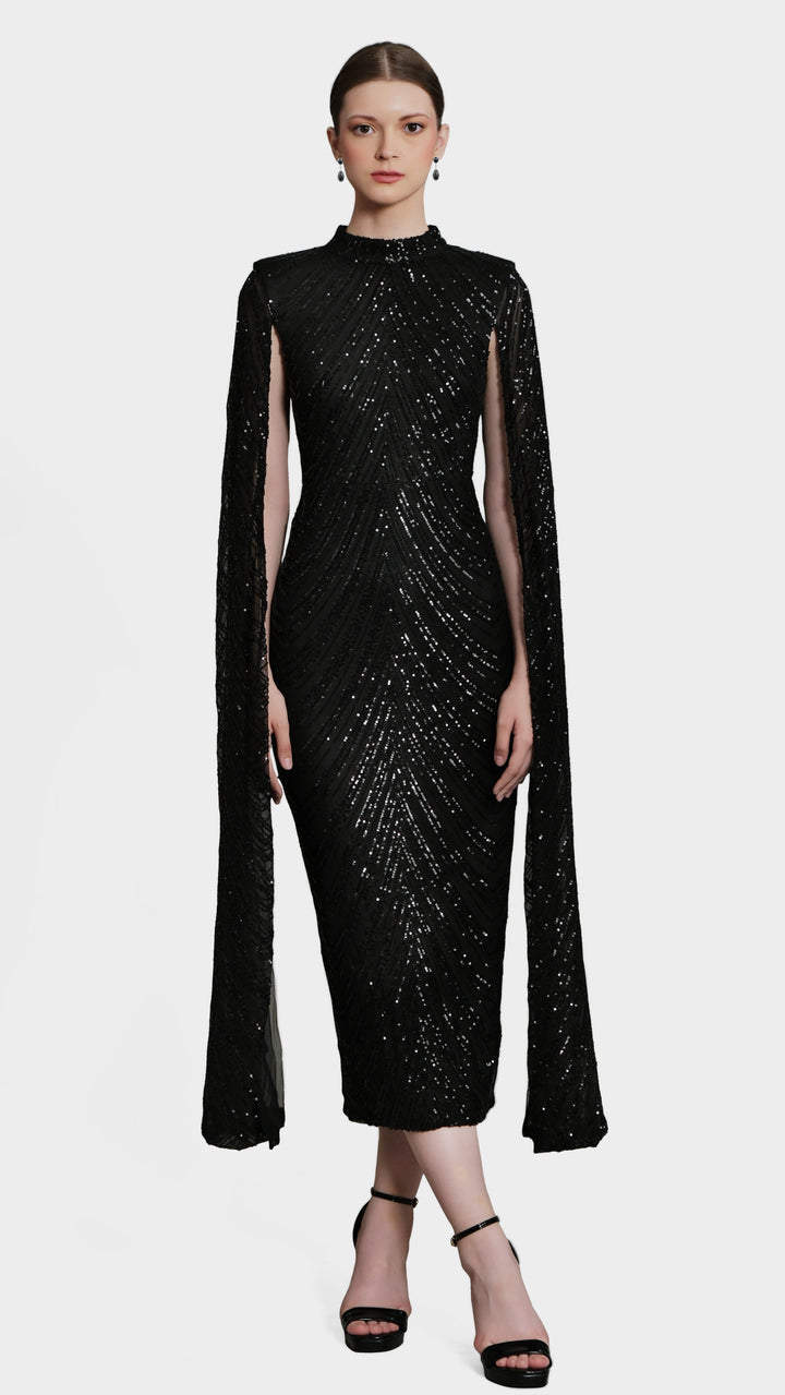 Erinna - Black Cape Sleeve Sequin Midi Dress