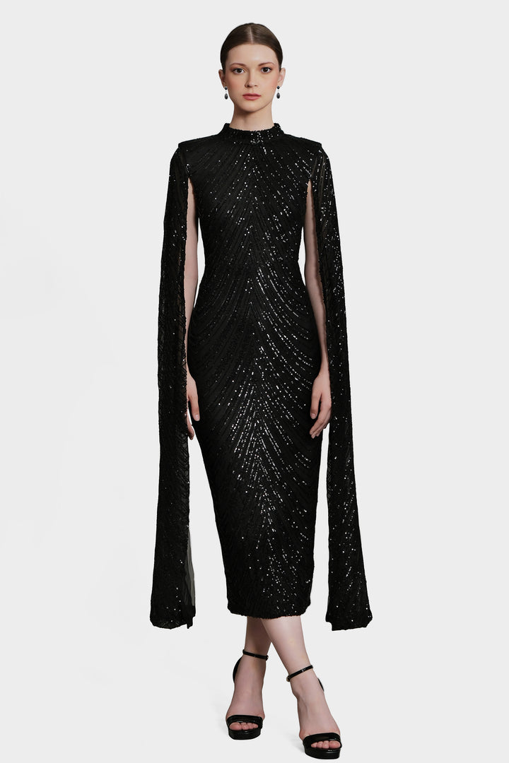 Erinna - Black Cape Sleeve Sequin Midi Dress