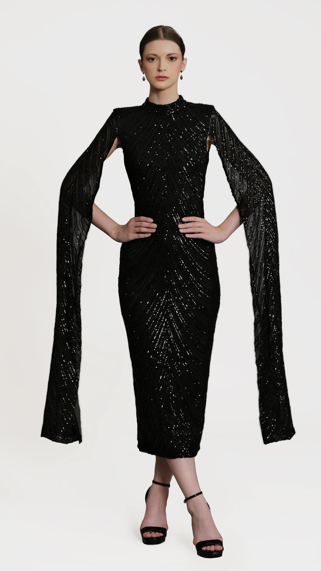 Erinna - Black Cape Sleeve Sequin Midi Dress