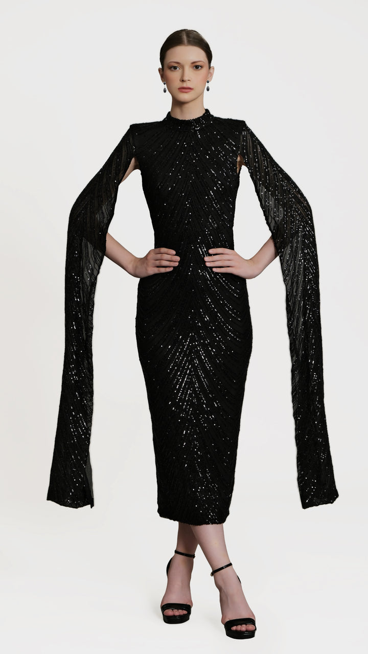 Erinna - Black Cape Sleeve Sequin Midi Dress