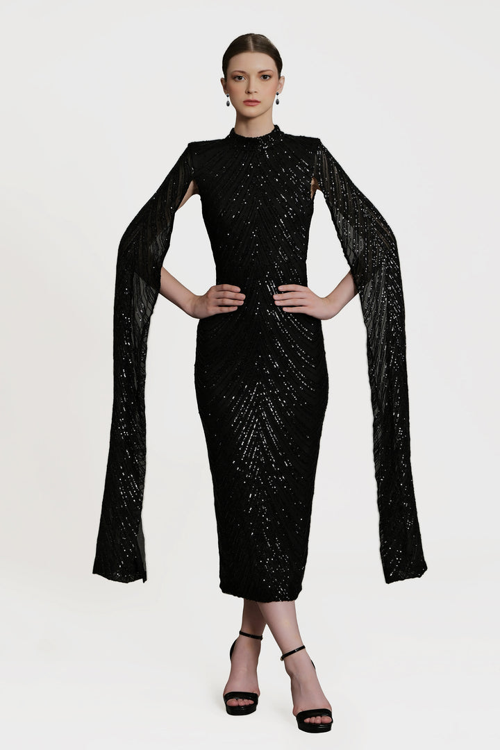 Erinna - Black Cape Sleeve Sequin Midi Dress