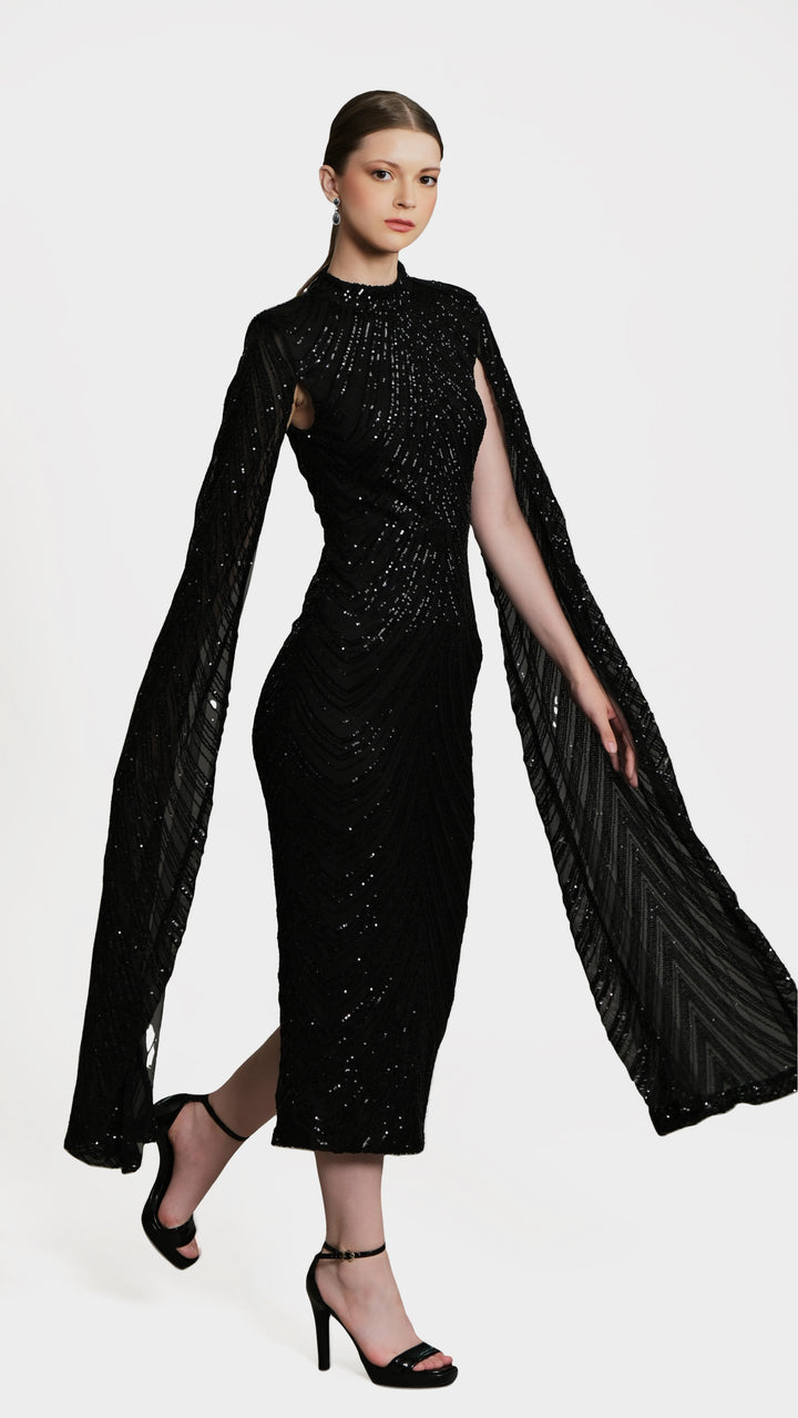 Erinna - Black Cape Sleeve Sequin Midi Dress