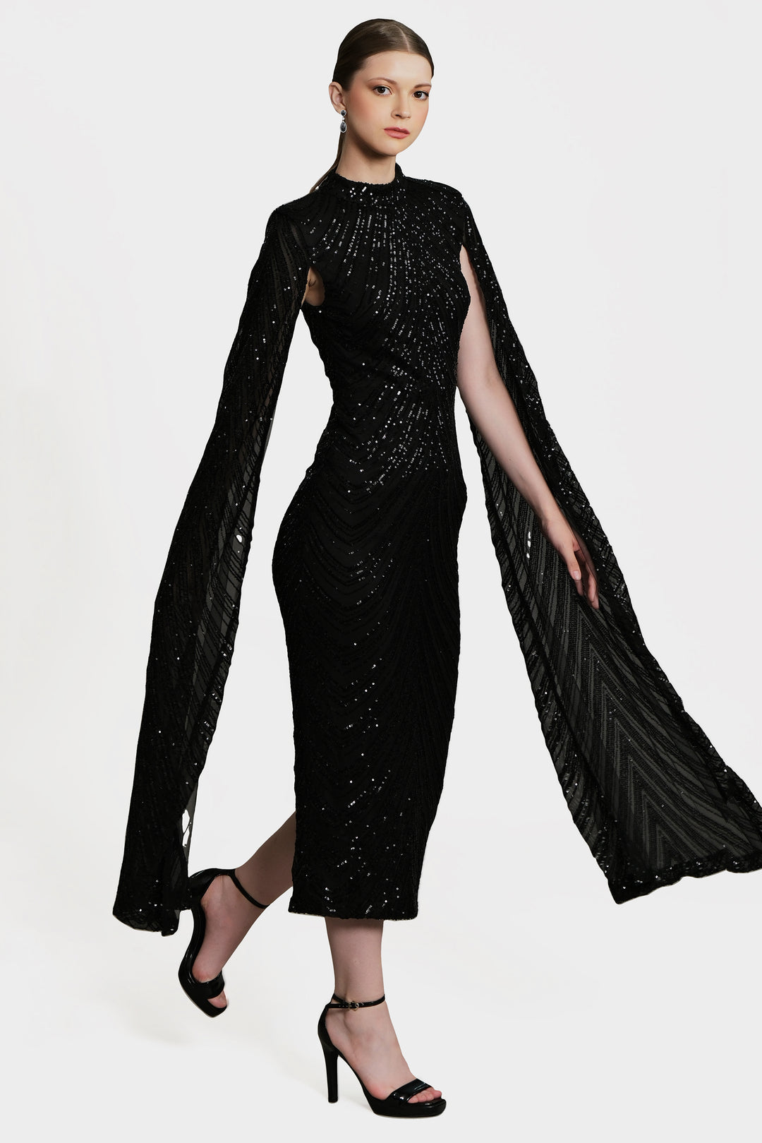 Erinna - Black Cape Sleeve Sequin Midi Dress