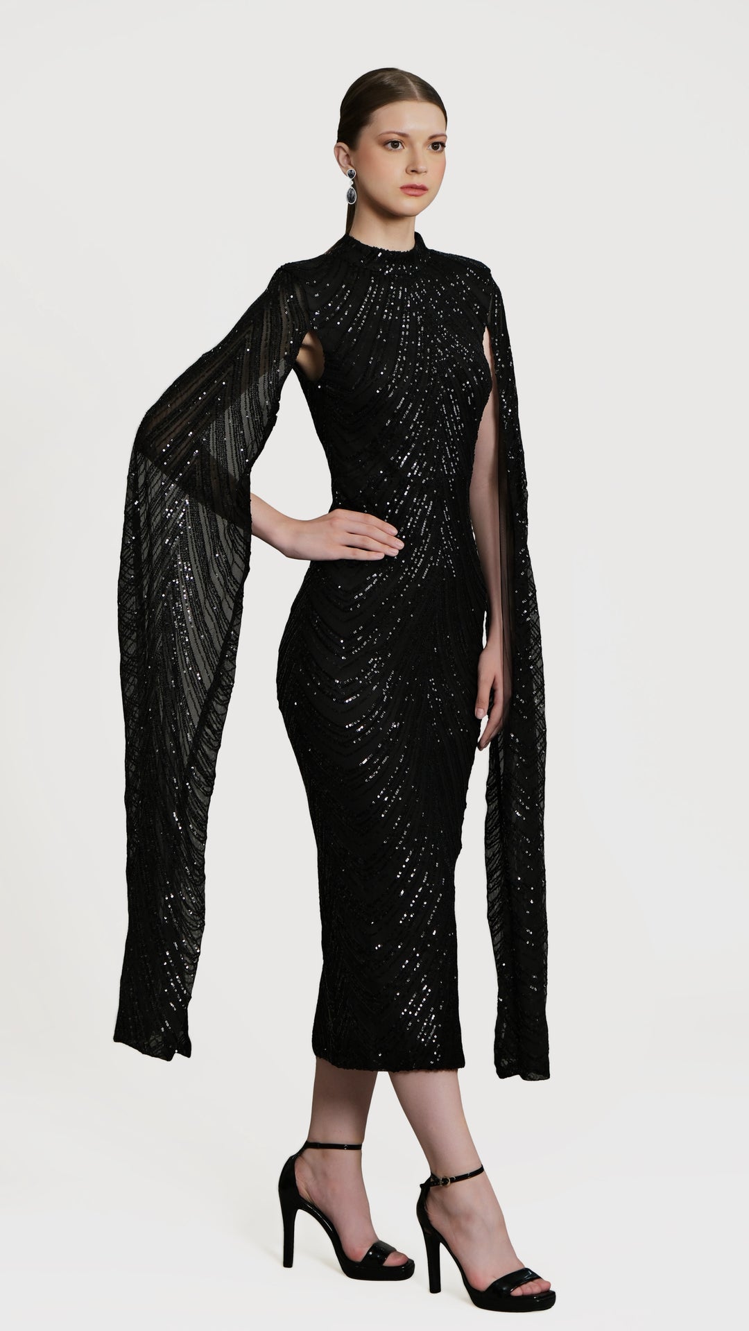 Erinna - Black Cape Sleeve Sequin Midi Dress