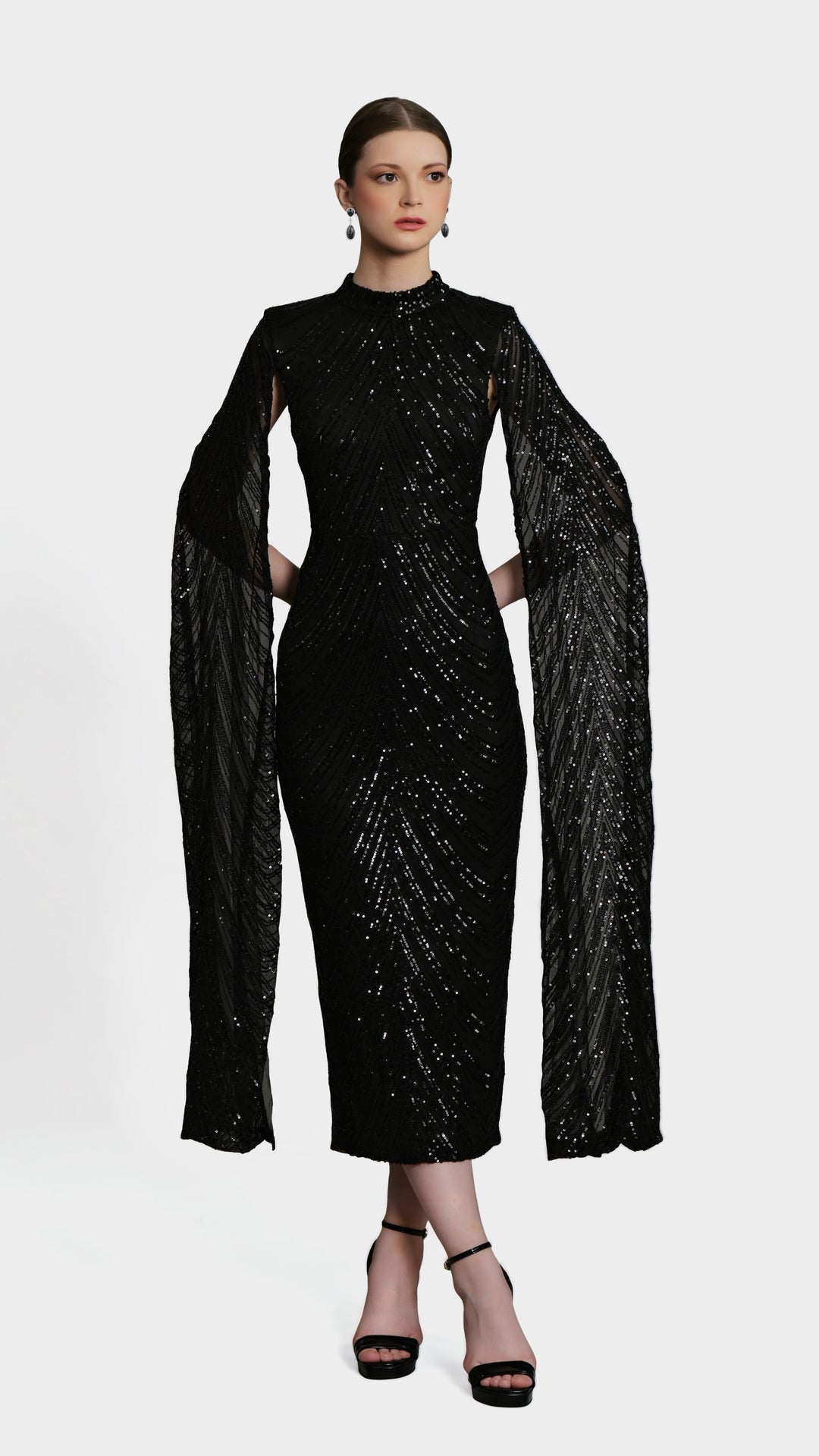 Erinna - Black Cape Sleeve Sequin Midi Dress
