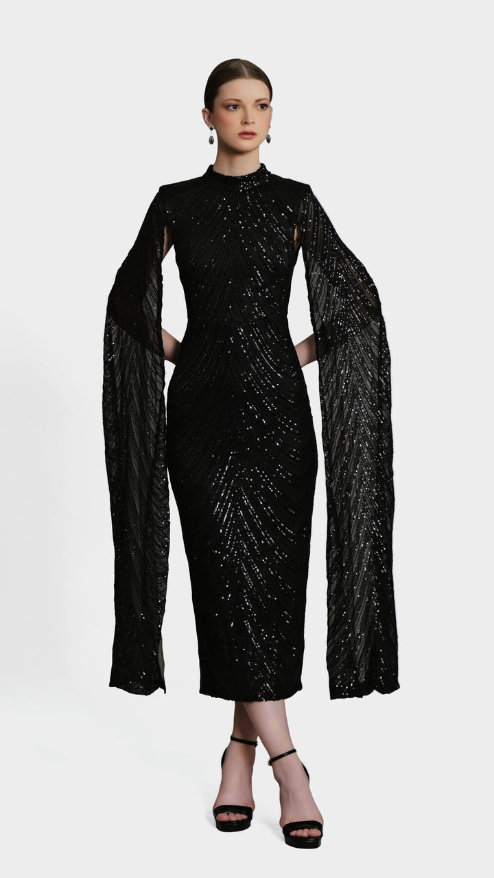 Erinna - Black Cape Sleeve Sequin Midi Dress