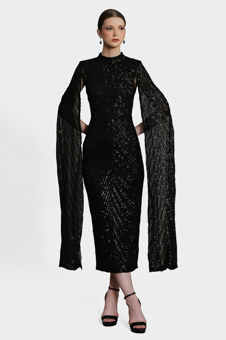 Erinna - Black Cape Sleeve Sequin Midi Dress