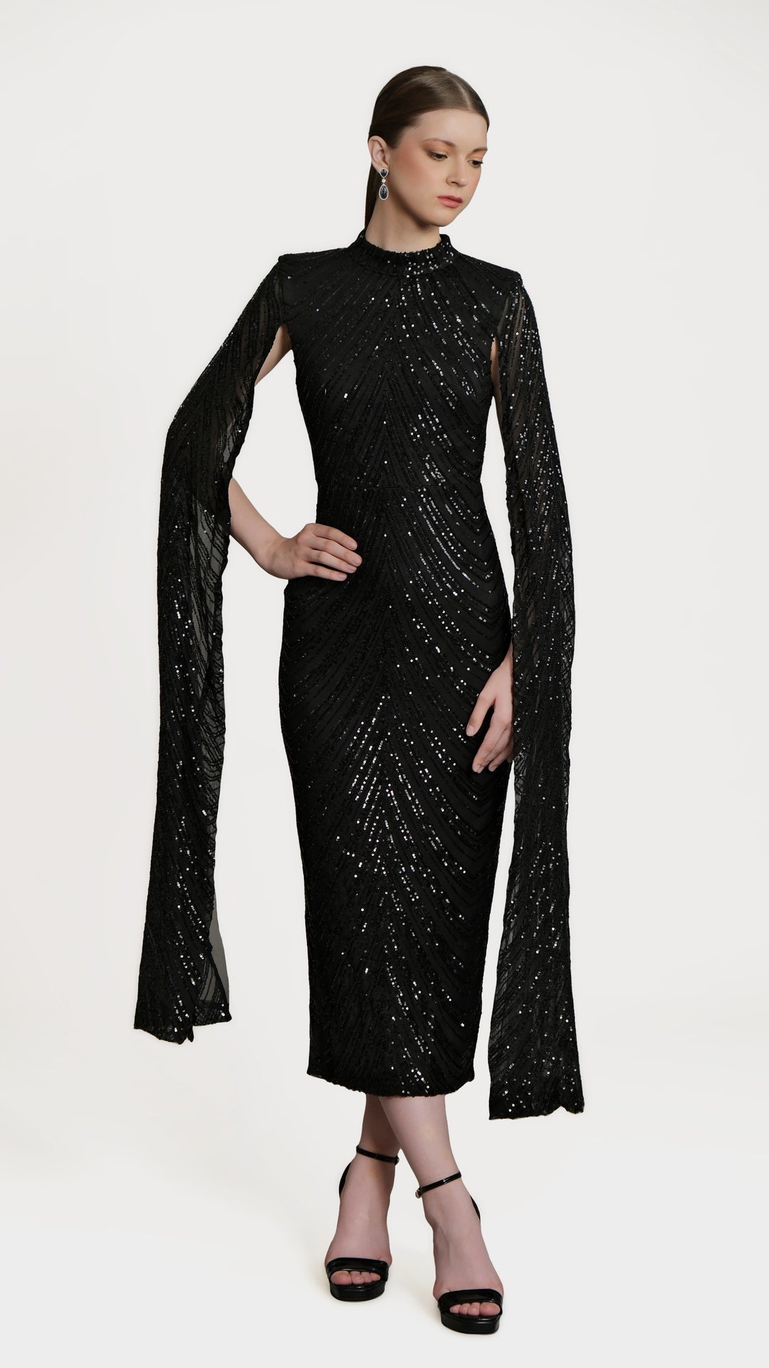 Erinna - Black Cape Sleeve Sequin Midi Dress