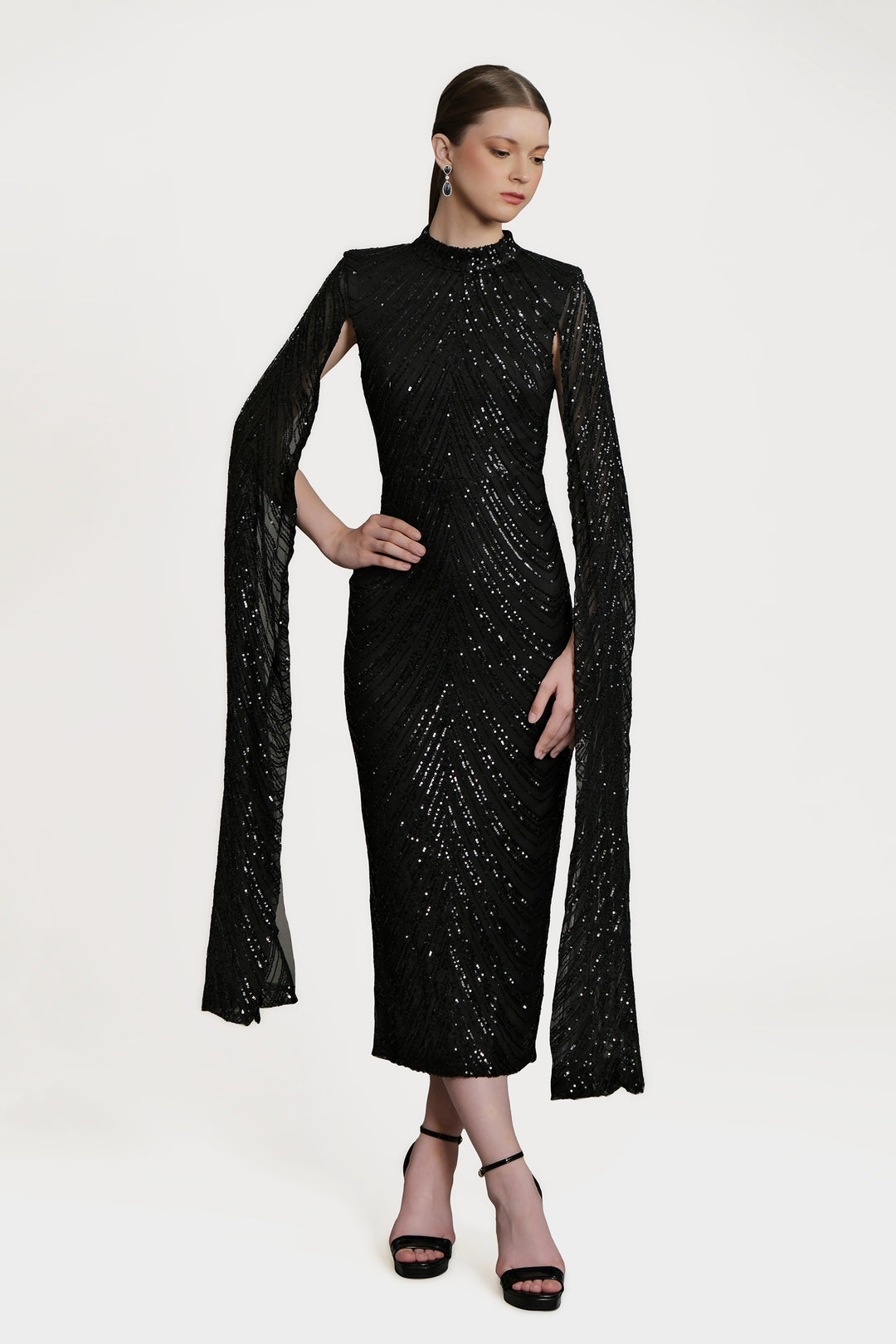 Erinna - Black Cape Sleeve Sequin Midi Dress