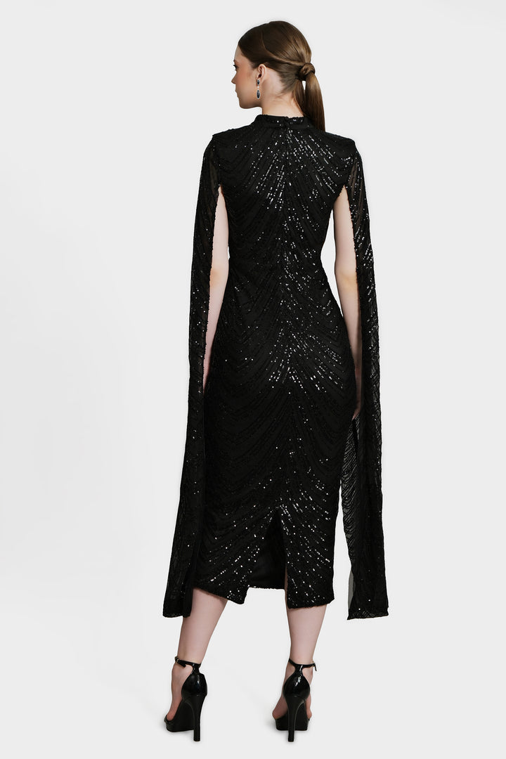 Erinna - Black Cape Sleeve Sequin Midi Dress