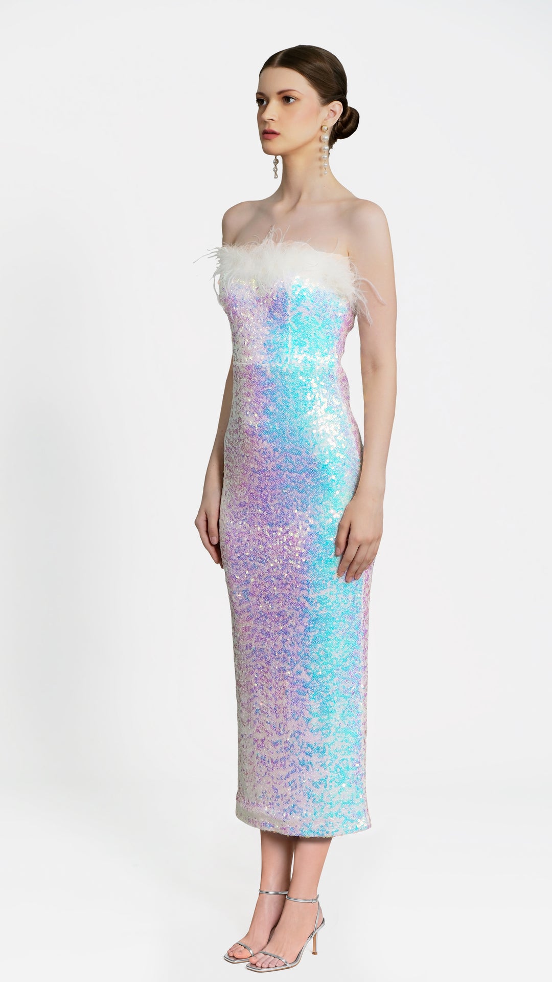 Selene - White Bandeau Sequin Midi Dress