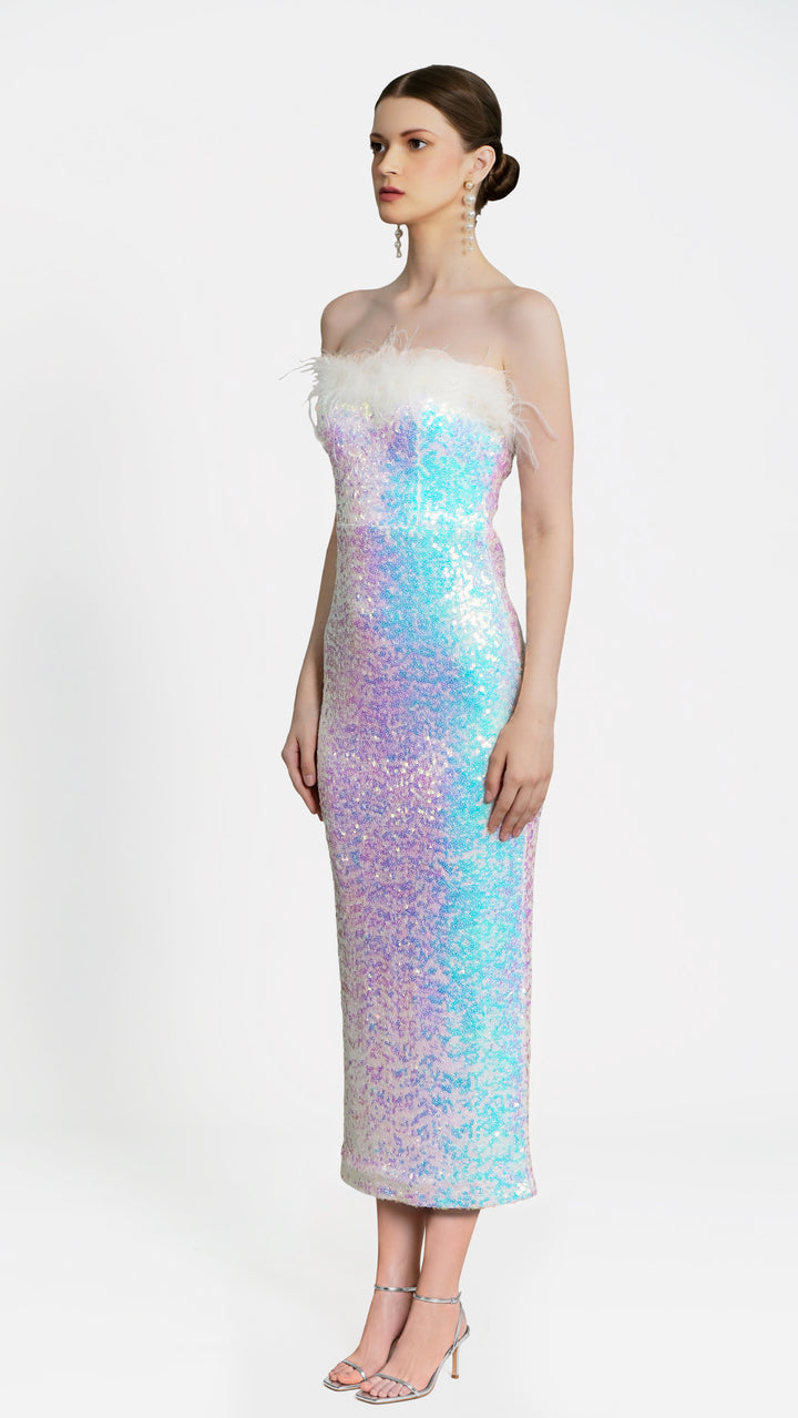 Selene - White Bandeau Sequin Midi Dress