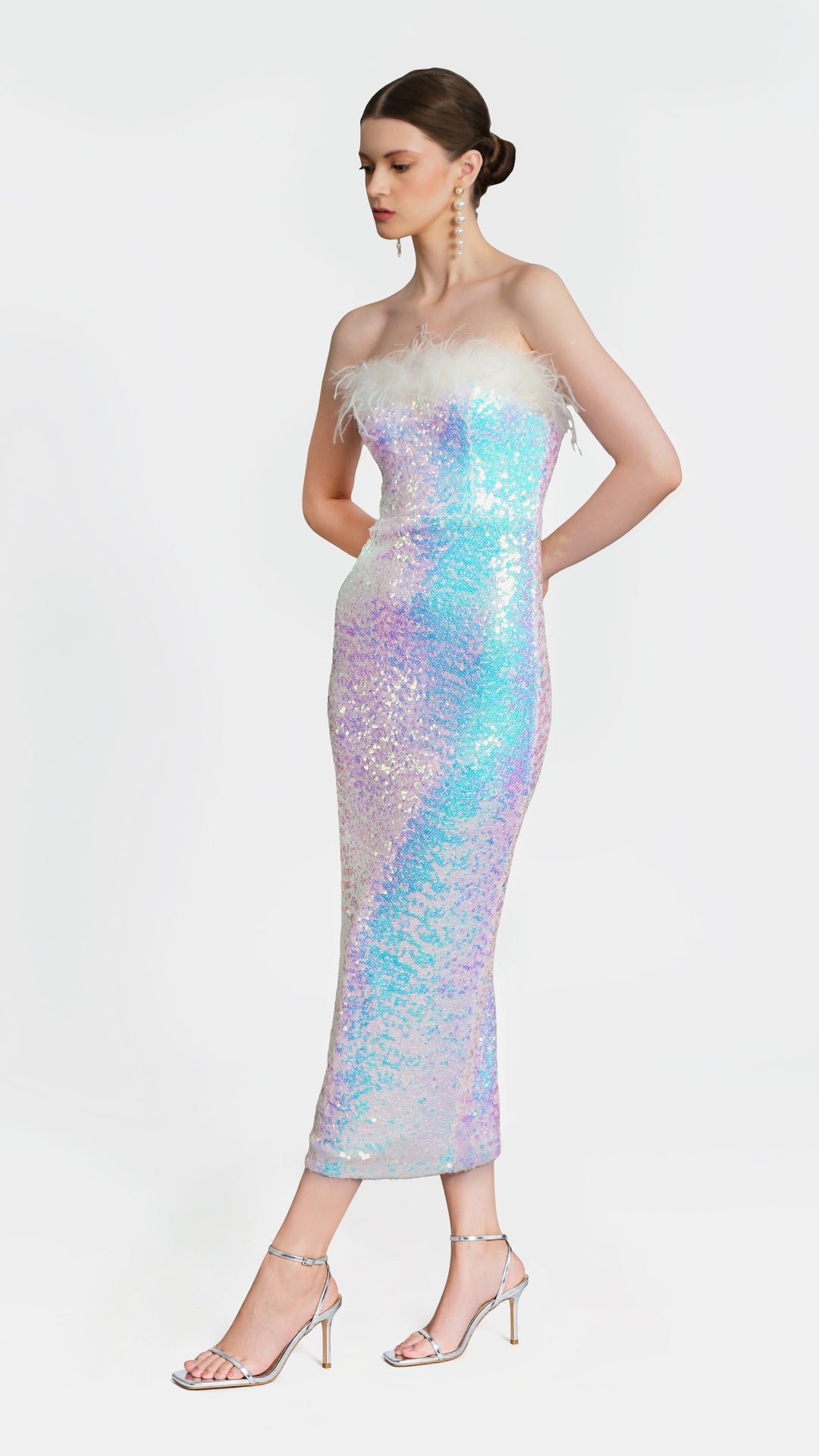 Selene - White Bandeau Sequin Midi Dress