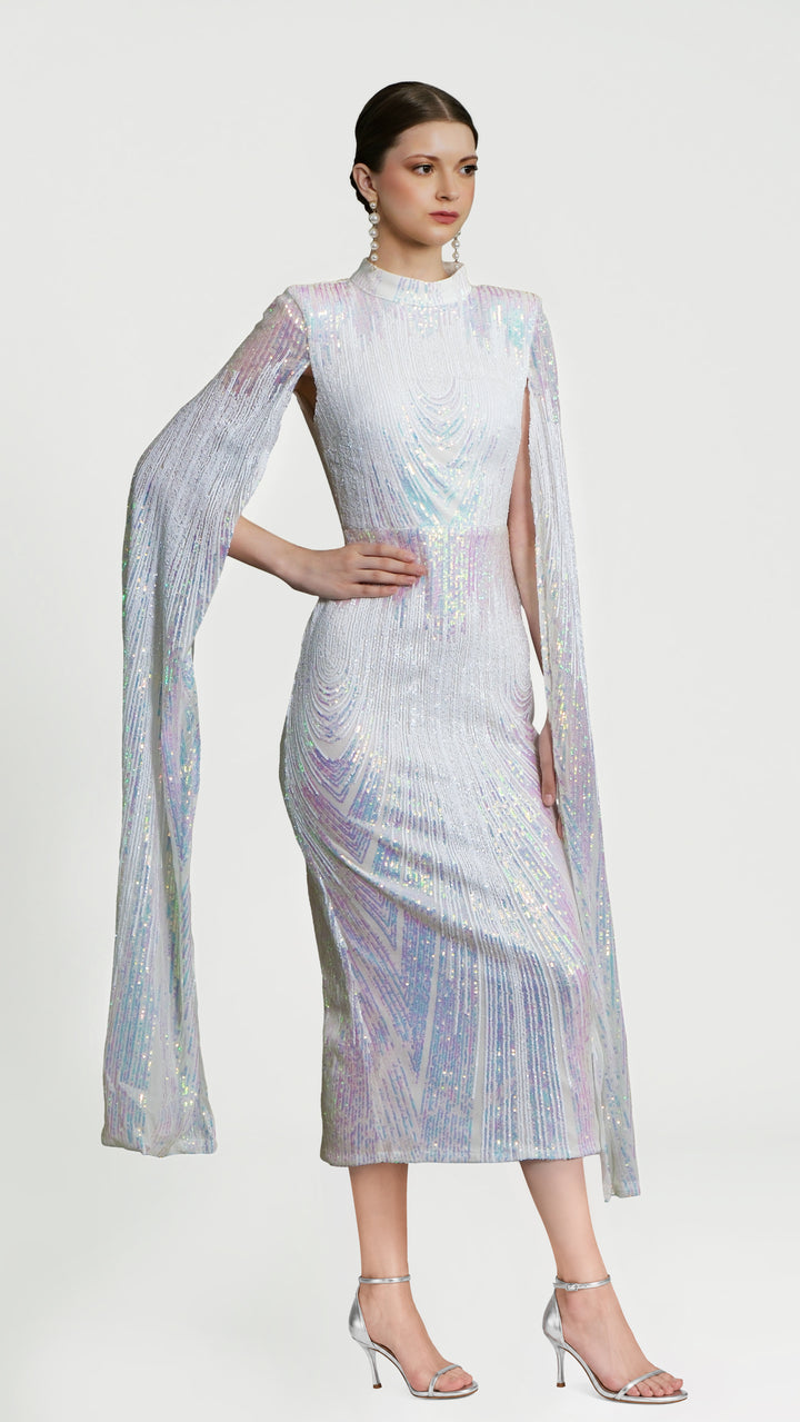 Alexandra - White Cape Sleeve Sequin Midi Dress