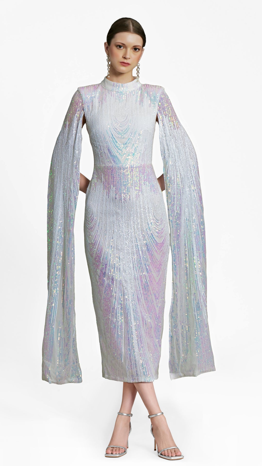 Alexandra - White Cape Sleeve Sequin Midi Dress