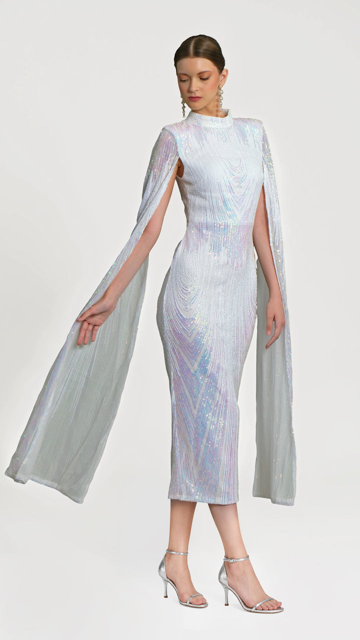 Alexandra - White Cape Sleeve Sequin Midi Dress