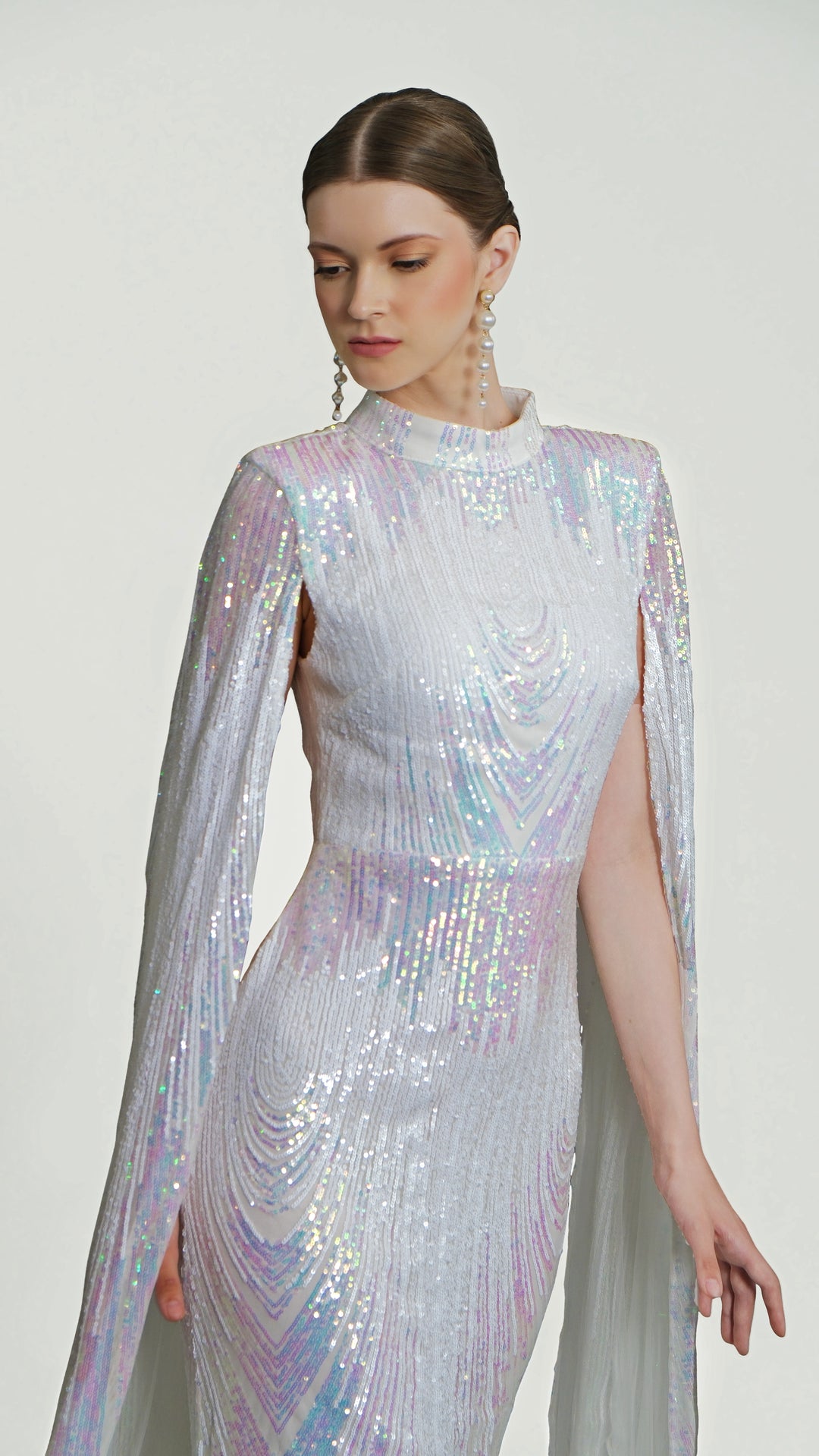 Alexandra - White Cape Sleeve Sequin Midi Dress