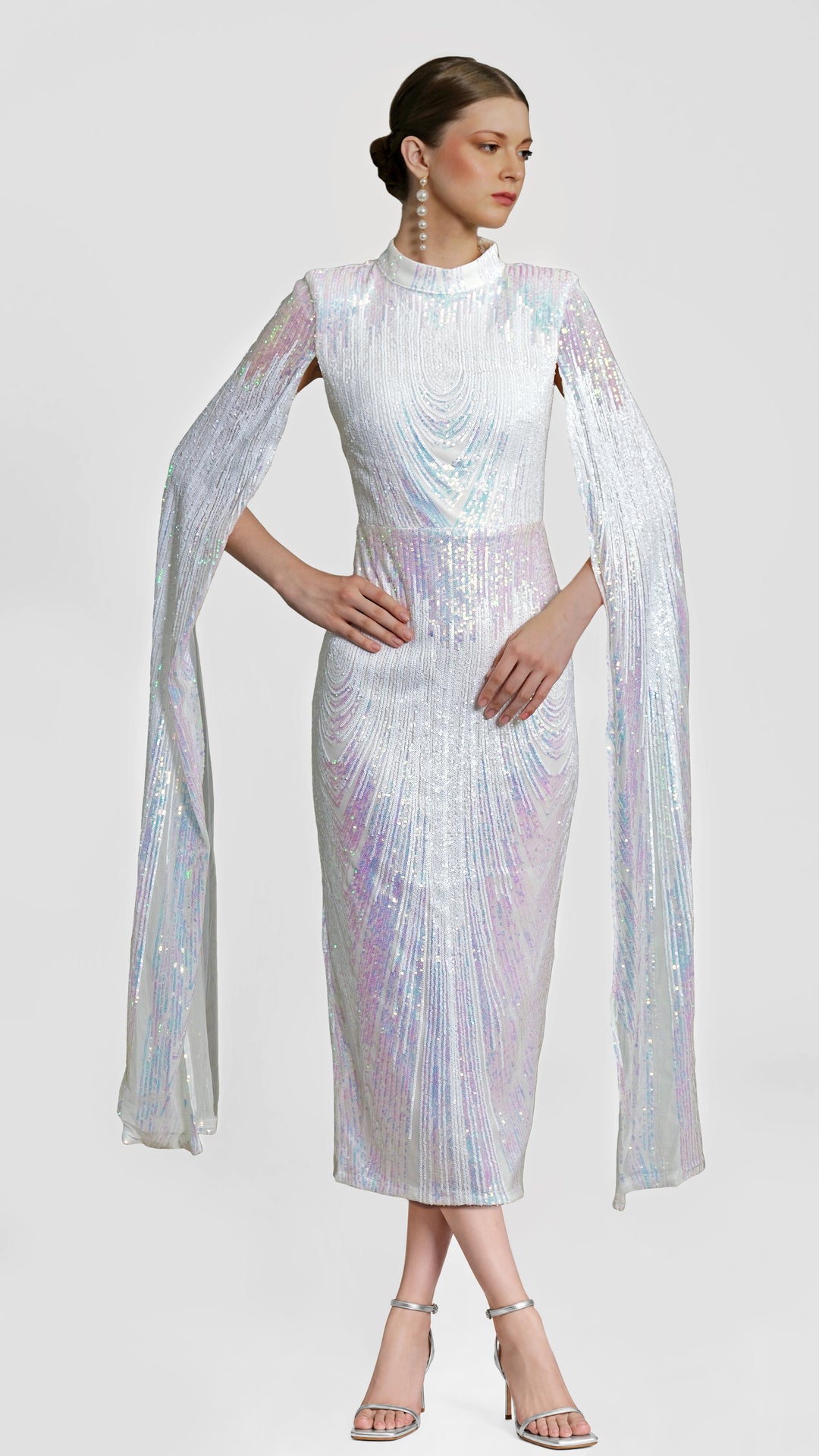 Alexandra - White Cape Sleeve Sequin Midi Dress