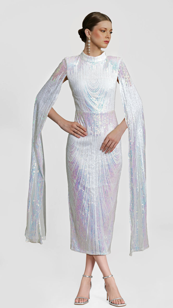 Alexandra - White Cape Sleeve Sequin Midi Dress