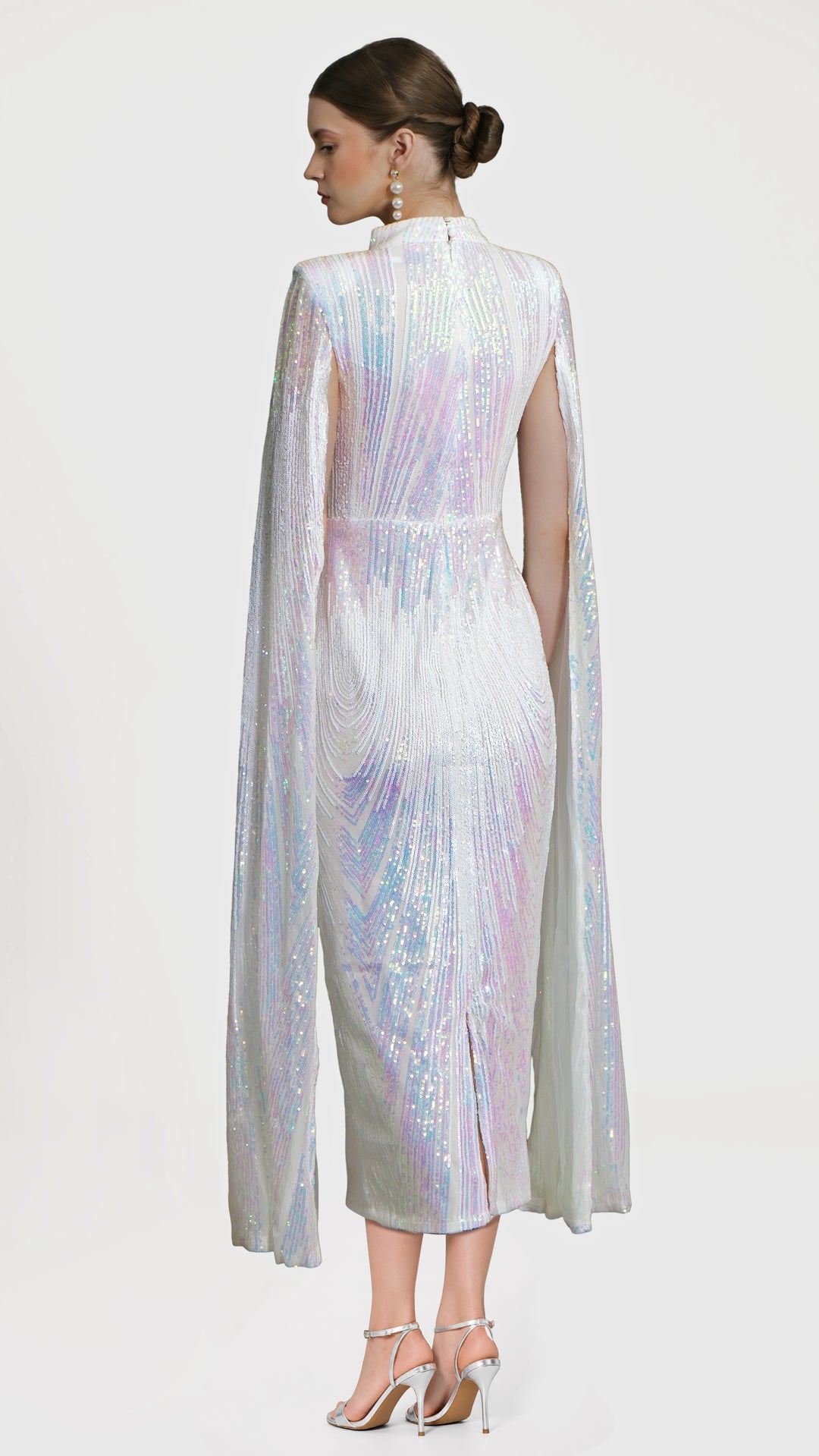 Alexandra - White Cape Sleeve Sequin Midi Dress