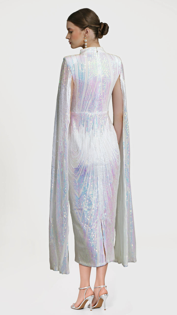 Alexandra - White Cape Sleeve Sequin Midi Dress