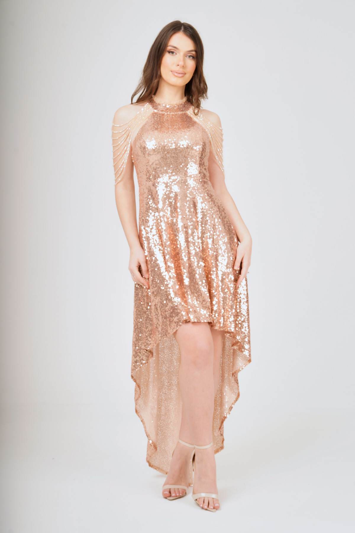 Stephanie pratt sequin and chiffon maxi dress hot sale in champagne